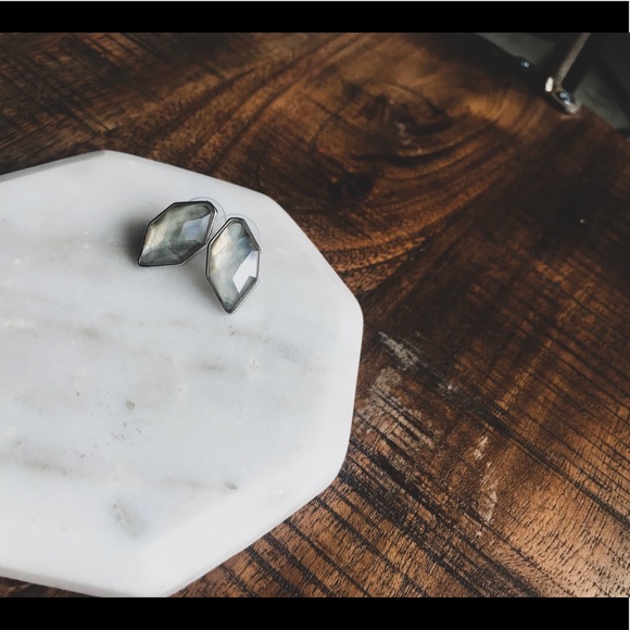 Silver & Moonstone Faceted Geometric Stud Earrings - Picture 2 of 3